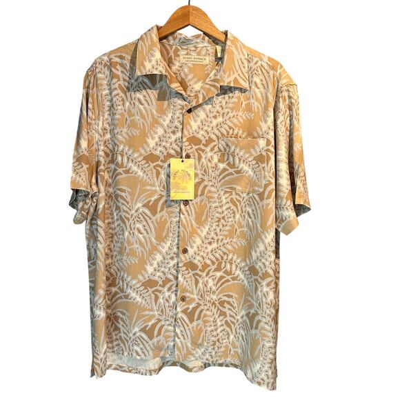 Island Republic XXL NWT Short Sleeve Button Up Palm Leaf Tan Blue Silk Washable - Picture 1 of 8